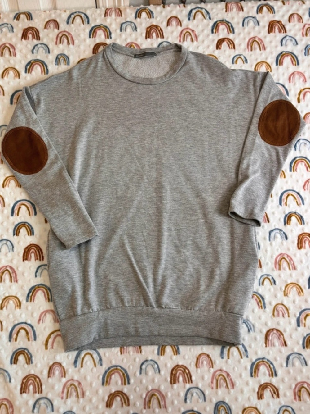 Cherish Grey Crewneck Sweater with Brown Elbow Patches